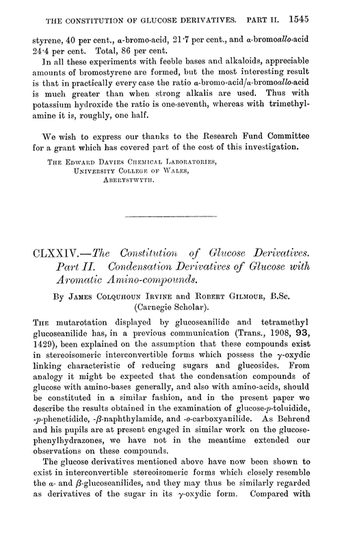 CLXXIV.—The constitution of glucose derivatives. Part II. Condensation derivatives of glucose with aromatic amino-compounds