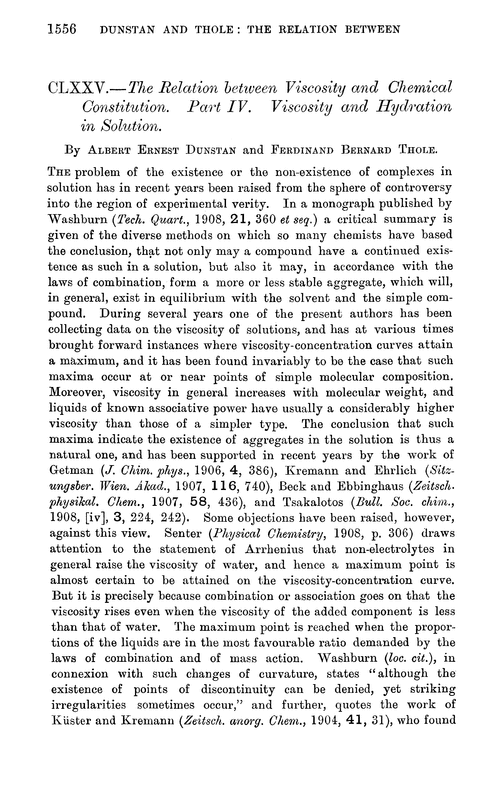 CLXXV.—The relation between viscosity and chemical constitution. Part IV. Viscosity and hydration in solution