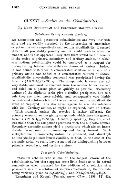 CLXXVI.—Studies on the cobaltinitrites