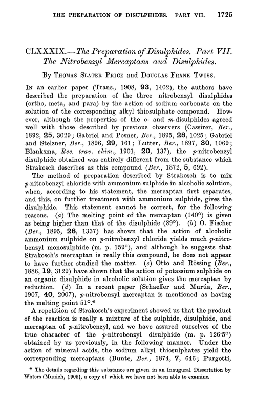 CLXXXIX.—The preparation of disulphides. Part VII. The nitrobenzyl mercaptans aud disulphides