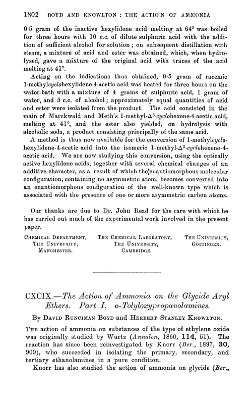 CXCIX.—The action of ammonia on the glycide aryl ethers. Part I. o-Tolyloxypropanolamines
