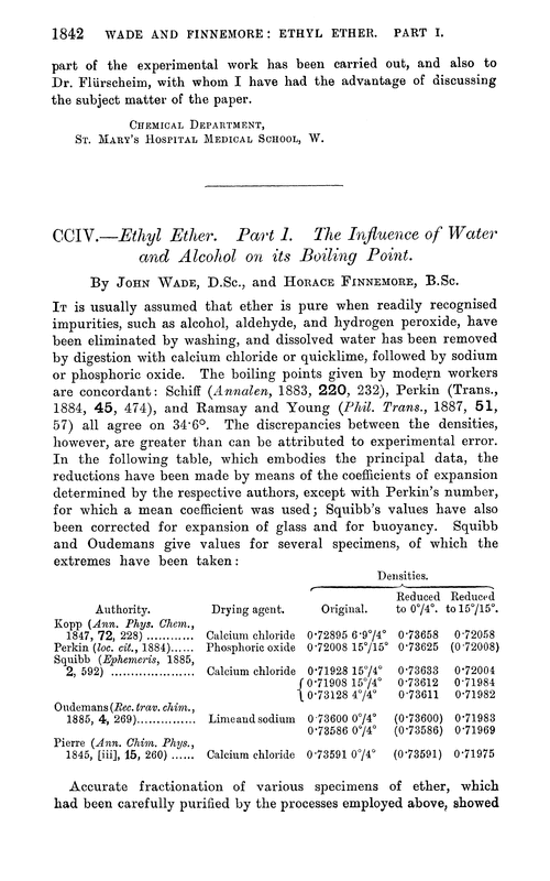 CCIV.—Ethyl ether. Part I. The influence of water and alcohol on its boiling point