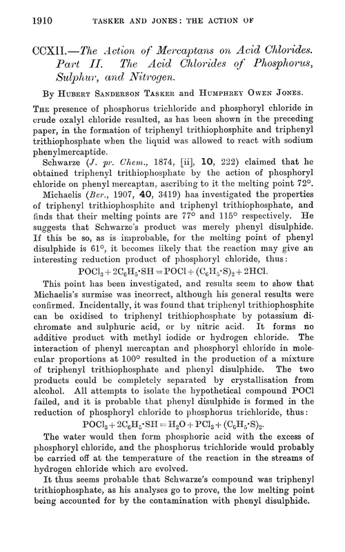 CCXII.—The action of mercaptans on acid chlorides. Part II. The acid chlorides of phosphorus, sulphur, and nitrogen