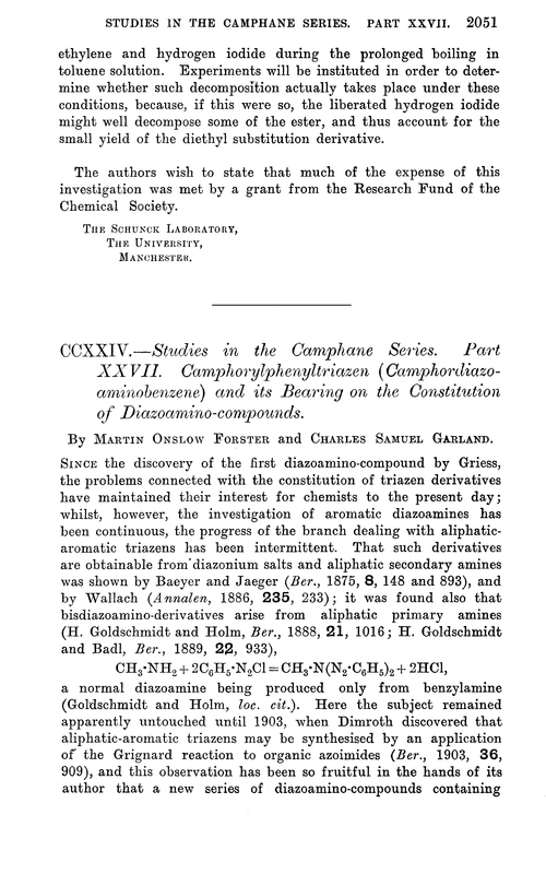 CCXXIV.—Studies in the camphane series. Part XXVII. Camphorylphenyltriazen (camphordiazoaminobenzene) and its bearing on the constitution of diazoamino-compounds