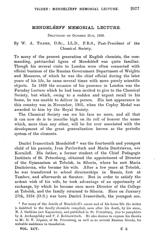 Mendeléeff memorial lecture