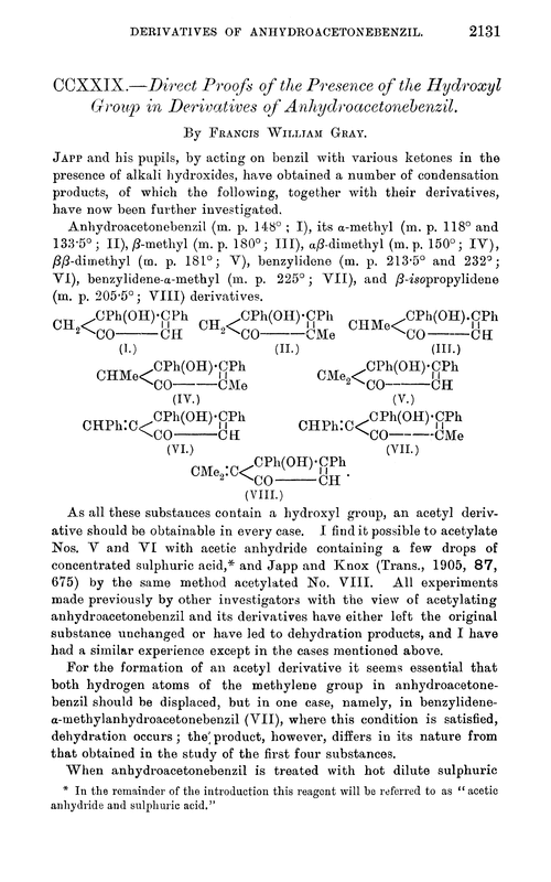 CCXXIX.—Direct proofs of the presence of the hydroxyl group in derivatives of anhydroacetonebenzil