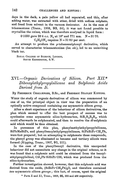 XVI.—Organic derivatives of silicon. Part XII. Dibenzylethylpropylsilicane and sulphonic acids derived from it