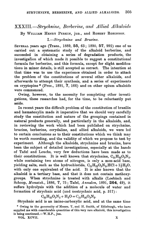 XXXIII.—Strychnine, berberine, and allied alkaloids