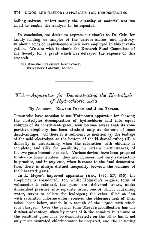 XLI.—Apparatus for demonstrating the electrolysis of hydrochloric acid