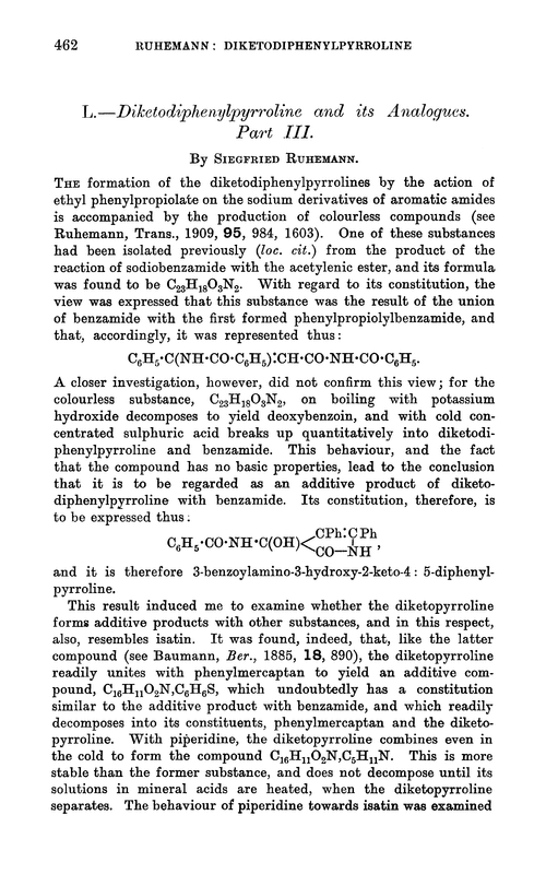 L.—Diketodiphenylpyrroline and its analogues. Part III