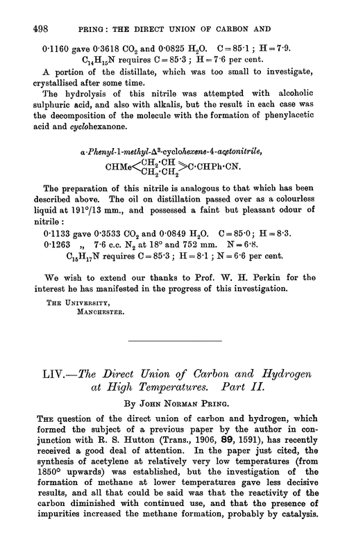 LIV.—The direct union of carbon and hydrogen at high temperatures. Part II