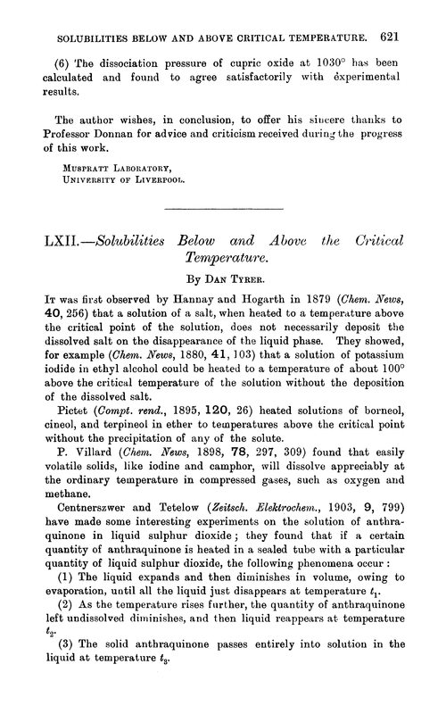LXII.—Solubilities below and above the critical temperature