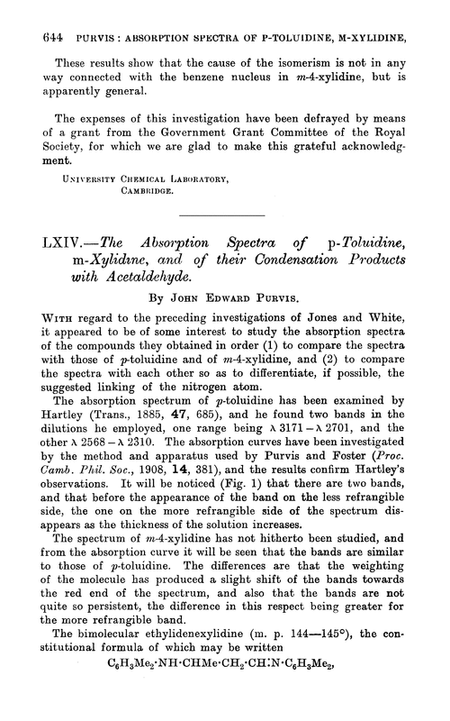 LXIV.—The absorption spectra of p-toluidine, m-xylidine, and of their condensation products with acetaldehyde