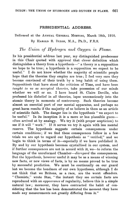 Presidential address. The union of hydrogen and oxygen in flame