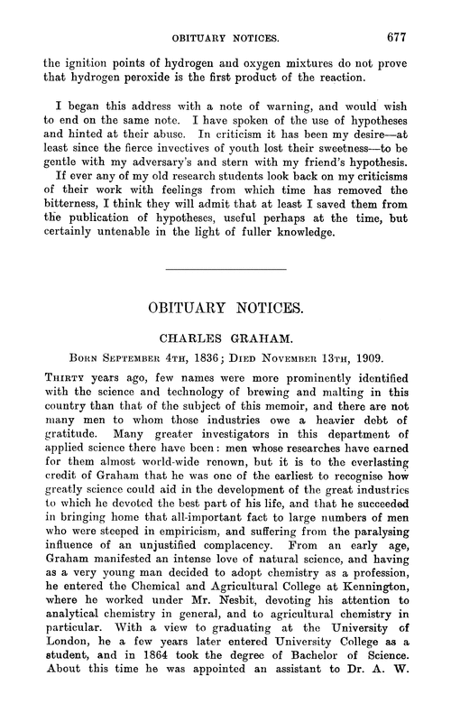 Obituary notices: Charles Graham, 1836–1909; Theophilus Horne Redwood, 1849–1909; Sir Thomas Wardle, 1831–1909; Alexander Forbes Watson, 1872–1909