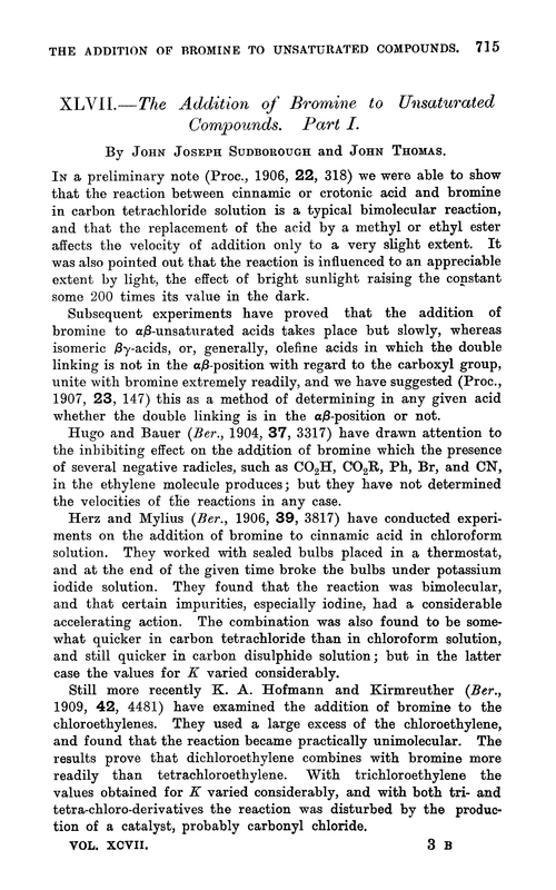 XLVII.—The addition of bromine to unsaturated compounds. Part I