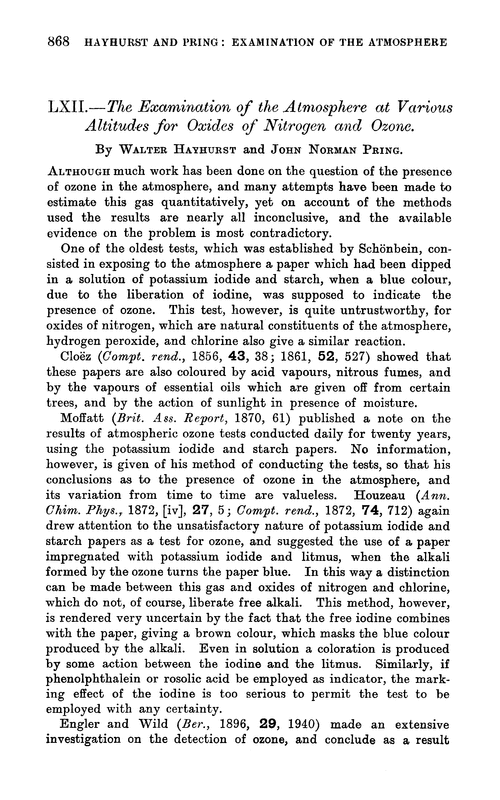 LXII.—The examination of the atmosphere at various altitudes for oxides of nitrogen and ozone