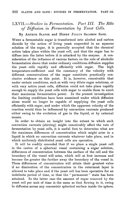LXVII.—Studies in fermentation. Part III. The rôle of diffusion in fermentation by yeast cells