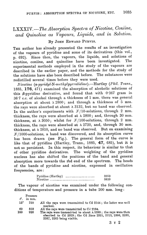 LXXXIV.—The absorption spectra of nicotine, coniine, and quinoline as vapours, liquids, and in solution