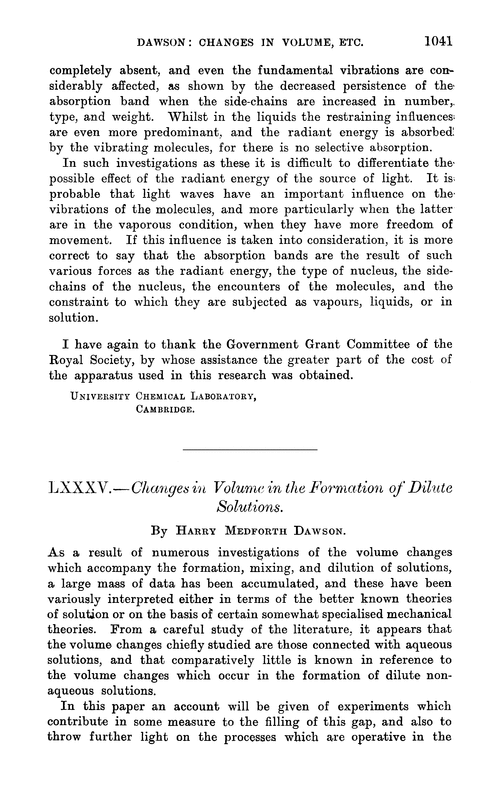 LXXXV.—Changes in volume in the formation of dilute solutions