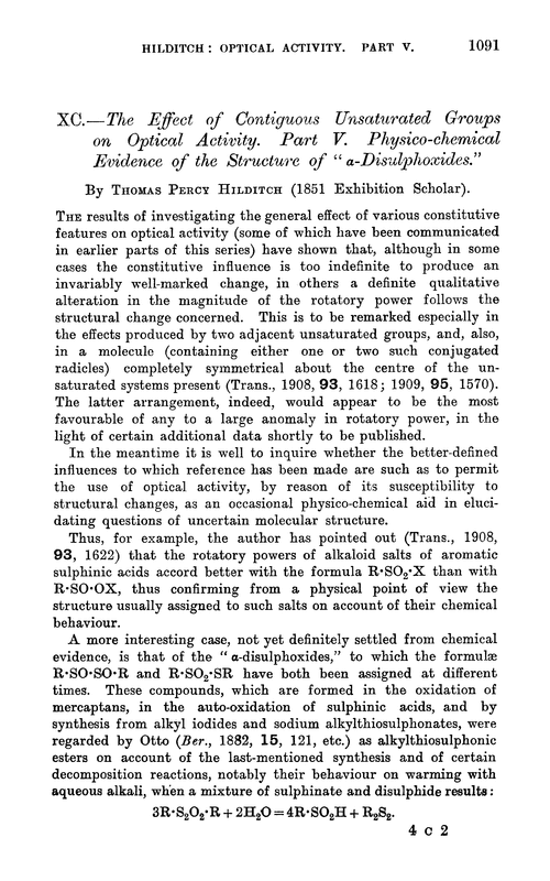 XC.—The effect of contiguous unsaturated groups on optical activity. Part V. Physico-chemical evidence of the structure of “α-disulphoxides”