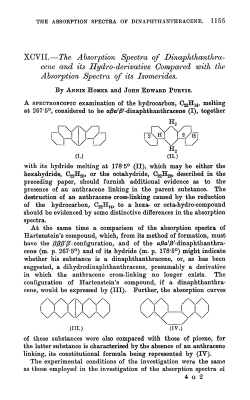 XCVII.—The absorption spectra of dinaphthanthracene and its hydro-derivative compared with the absorption spectra of its isomerides