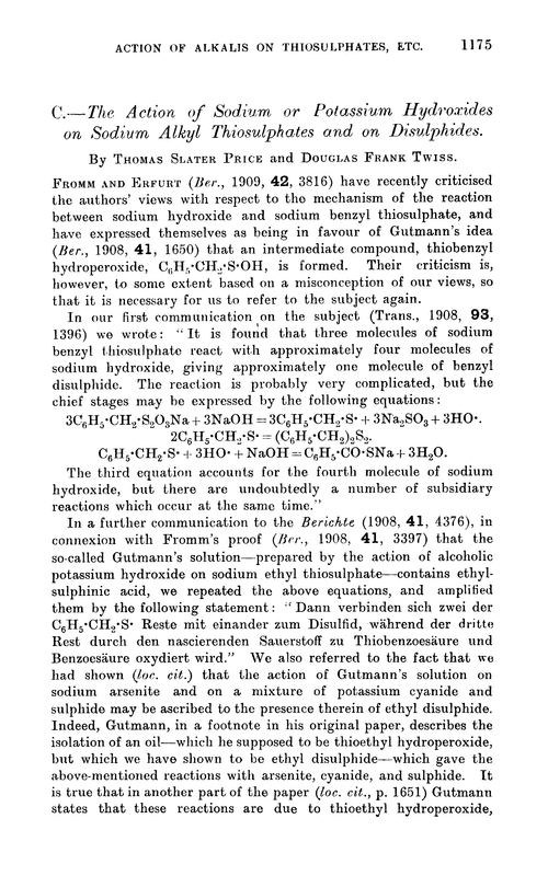 C.—The action of sodium or potassium hydroxides on sodium alkyl thiosulphates and on disulphides