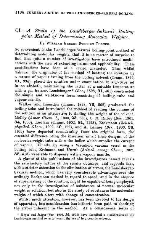 CI.—A study of the Landsberger-Sakurai boiling-point method of determining molecular weights