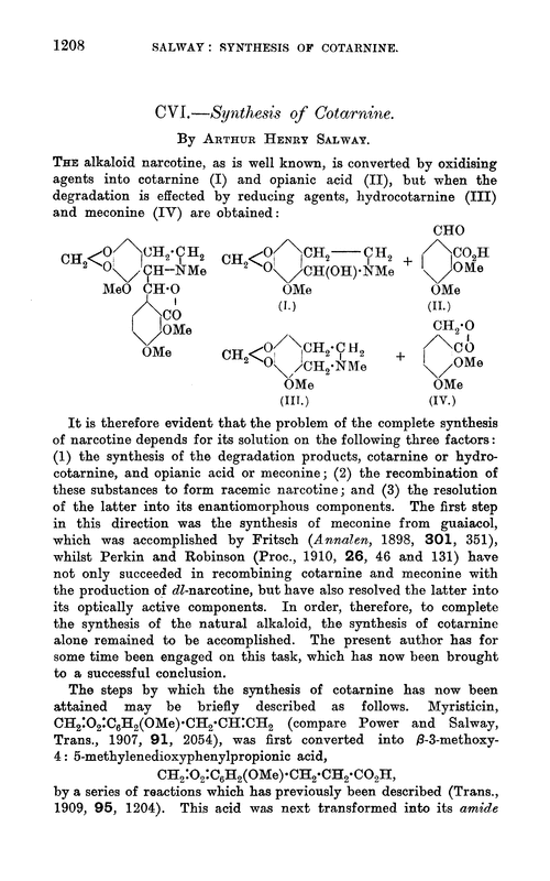 CVI.—Synthesis of cotarnine