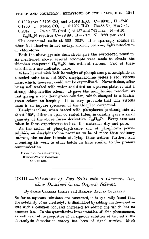 CXIII.—Behaviour of two salts with a common ion, when dissolved in an organic solvent