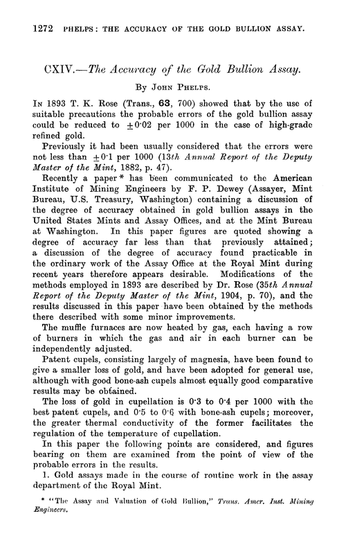 CXIV.—The accuracy of the gold bullion assay