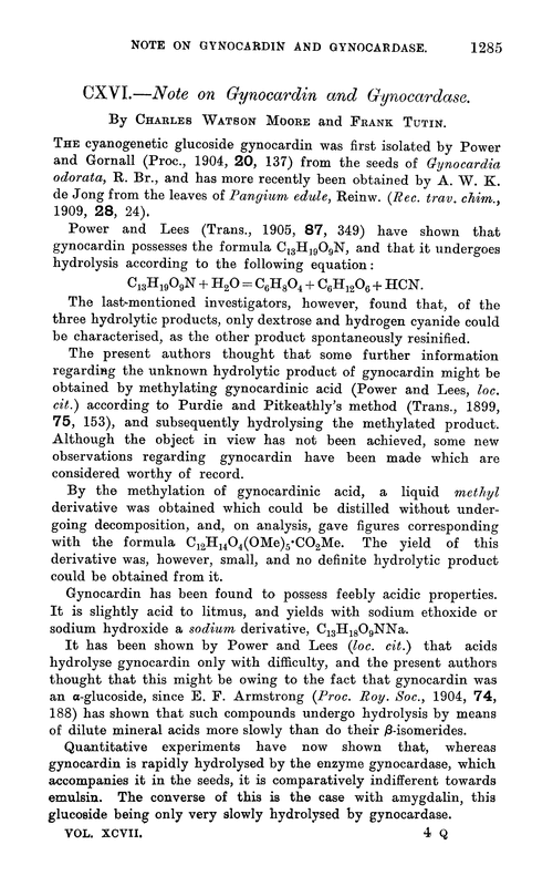 CXVI.—Note on gynocardin and gynocardase