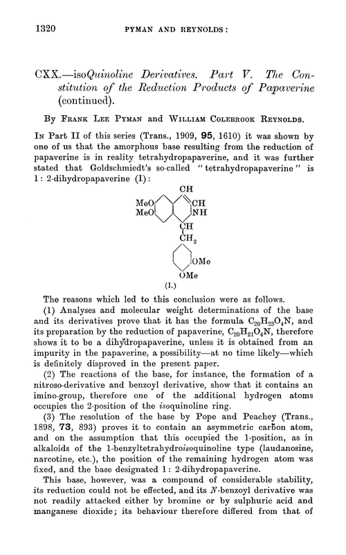 CXX.—isoQuinoline derivatives. Part V. The constitution of the reduction products of papaverine (continued)