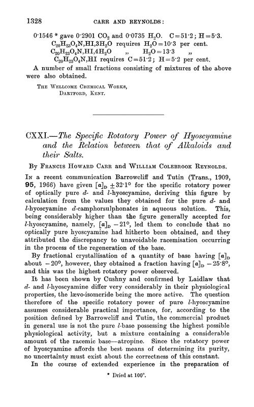 CXXI.—The specific rotatory power of hyoscyamine and the relation between that of alkaloids and their salts