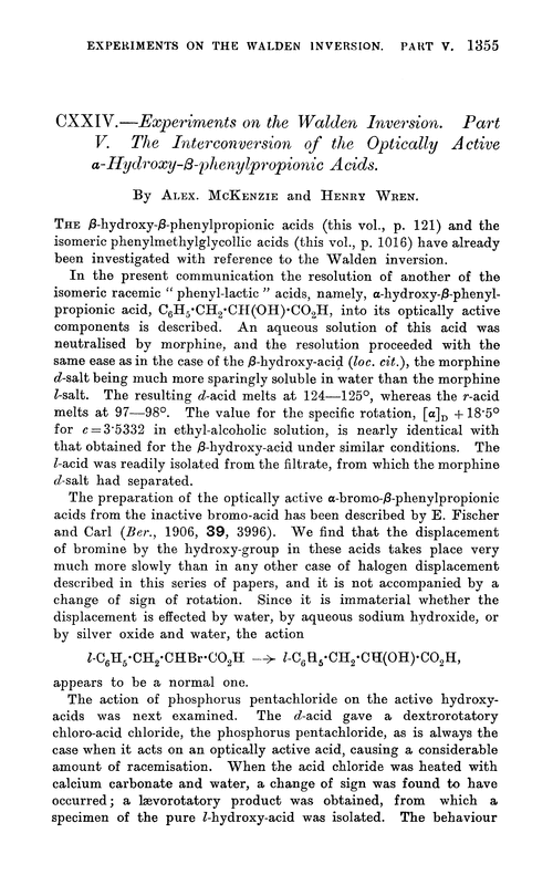 CXXIV.—Experiments on the Walden inversion. Part V. The interconversion of the optically active α-hydroxy-β-phenylpropionic acids