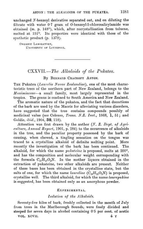 CXXVII.—The alkaloids of the Pukatea