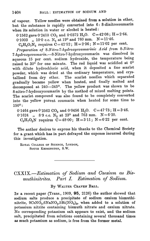 CXXIX.—Estimation of sodium and caesium as bismuthinitrites. Part I. Estimation of sodium