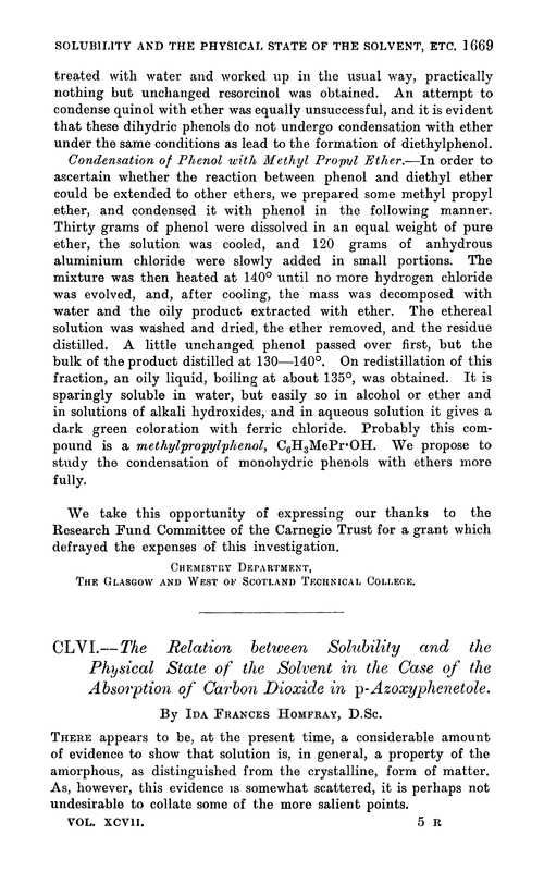 CLVI.—The relation between solubility and the physical state of the solvent in the case of the absorption of carbon dioxide in p-azoxyphenetole