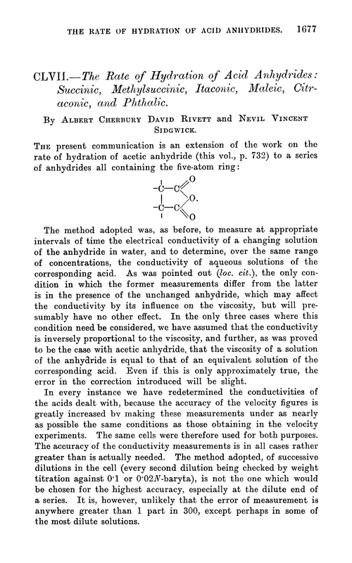 CLVII.—The rate of hydration of acid anhydrides: succinic, methylsuccinic, itaconic, maleic, citraconic, and phthalic