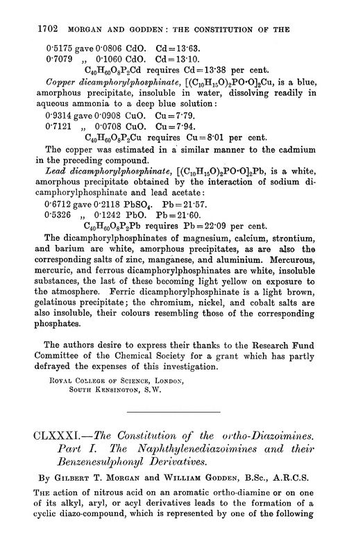 CLXXXI.—The constitution of the ortho-diazoimines. Part I. The naphthylenediazoimines and their benzenesulphonyl derivatives