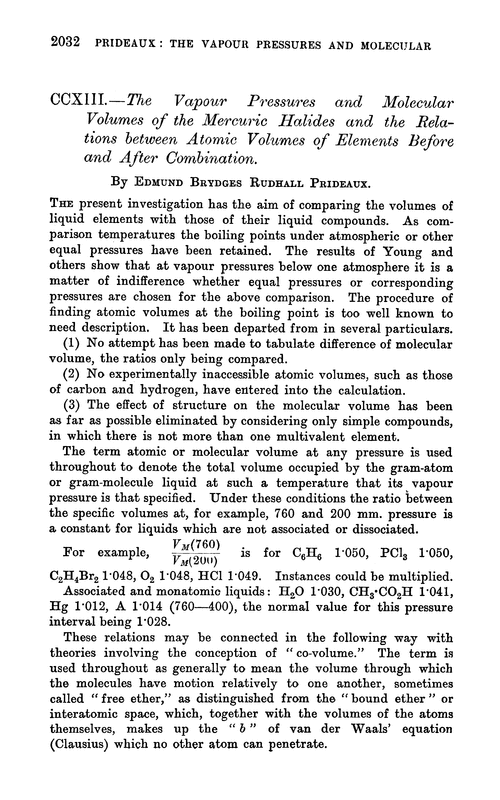 CCXIII.—The vapour pressures and molecular volumes of the mercuric halides and the relations between atomic volumes of elements before and after combination