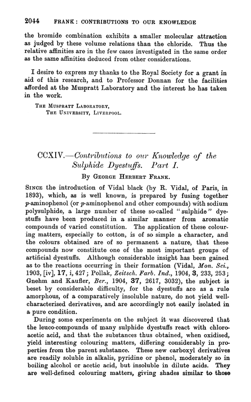 CCXIV.—Contributions to our knowledge of the sulphide dyestuffs. Part I