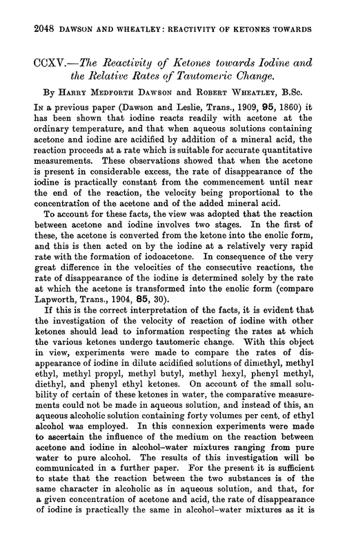 CCXV.—The reactivity of ketones towards iodine and the relative rates of tautomeric change