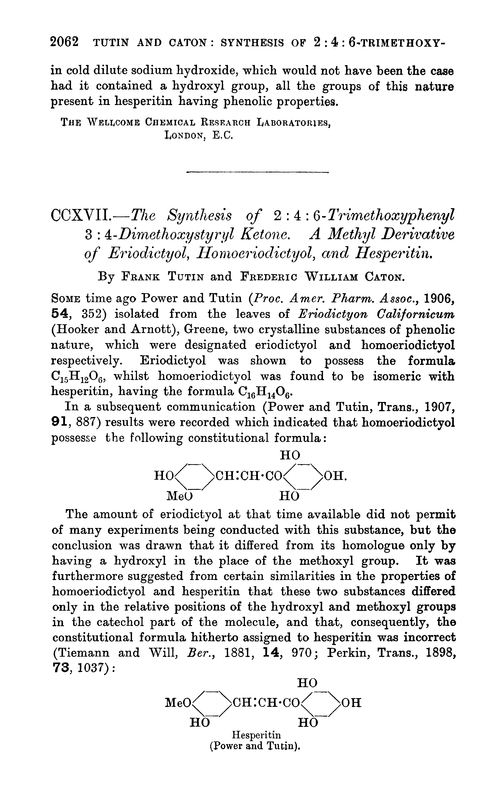 CCXVII.—The synthesis of 2 : 4 : 6-trimethoxyphenyl 3 : 4-dimethoxystyryl ketone. A methyl derivative of eriodictyol, homoeriodictyol, and hesperitin