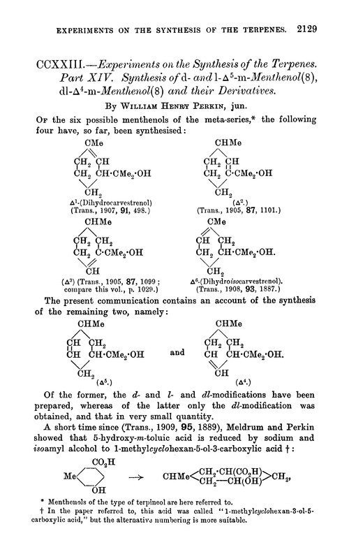 CCXXIII.—Experiments on the synthesis of the terpenes. Part XIV. Synthesis of d- and l-Δ5-m-menthenol(8), dl-Δ4-m-menthenol(8) and their derivatives