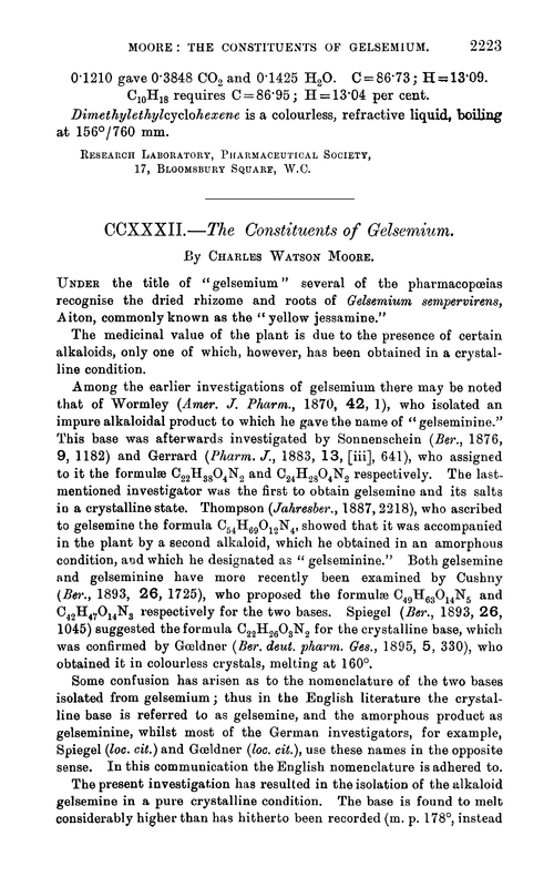 CCXXXII.—The constituents of gelsemium
