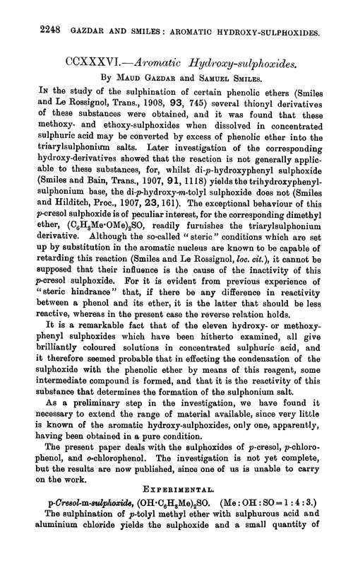 CCXXXVI.—Aromatic hydroxy-sulphoxides