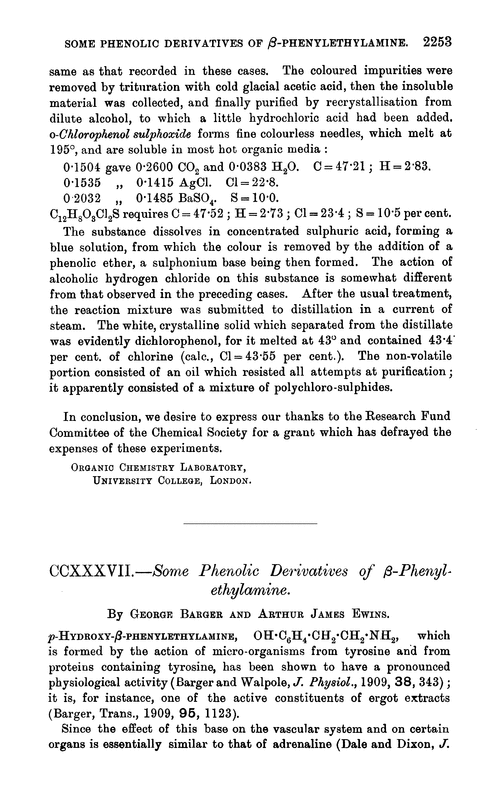 CCXXXVII.—Some phenolic derivatives of β-phenylethylamine