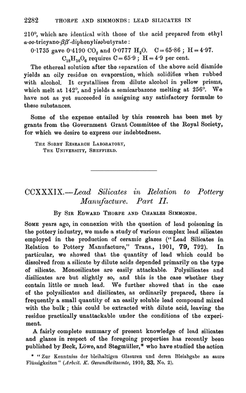 CCXXXIX.—Lead silicates in relation to pottery manufacture. Part II