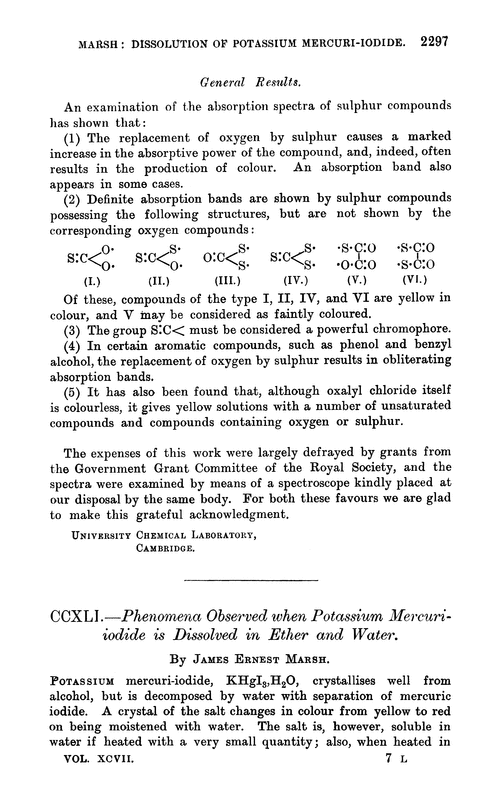 CCXLI.—Phenomena observed when potassium mercuri-iodide is dissolved in ether and water